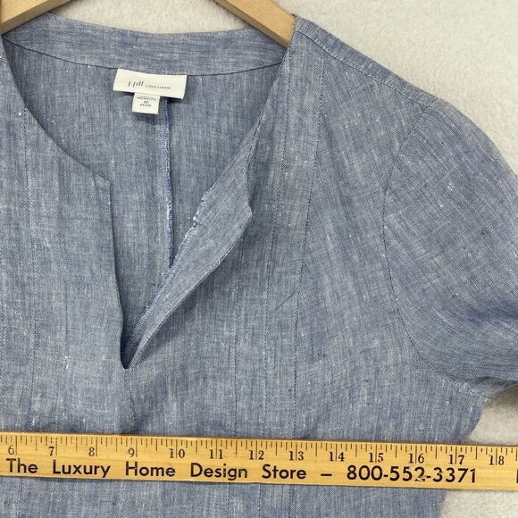 J. JILL Dress XS Love Linen Cross Dyed V-Neck Bell Sleeve Tunic Blue Mini Dress - Picture 10 of 11